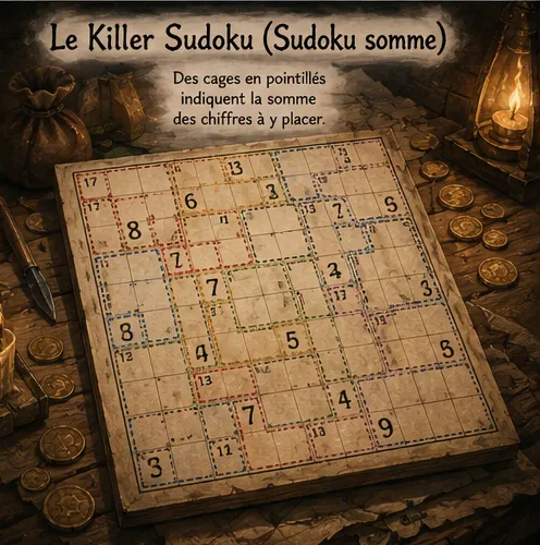 Grille de Killer Sudoku découpée en cages avec des sommes imposées