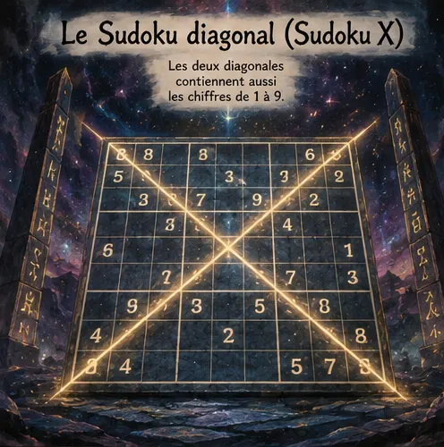 Grille de Sudoku diagonal (Sudoku X) avec les deux grandes diagonales mises en évidence
