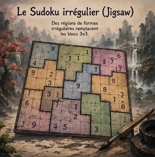 Grille de Sudoku irrégulier (Jigsaw) aux neuf régions en forme de puzzle