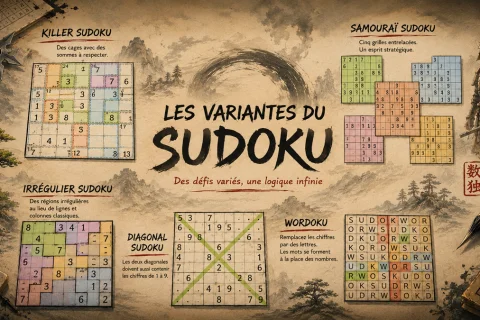Plusieurs grilles de Sudoku illustrant des variantes différentes (Killer, Samouraï, irrégulier)