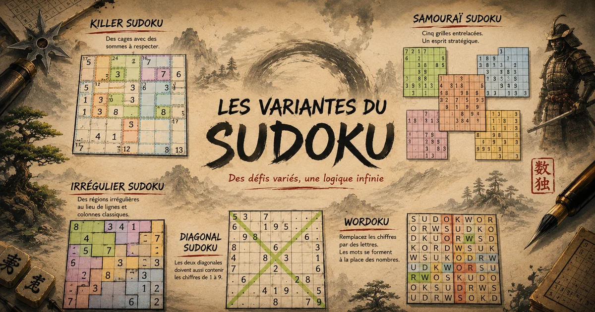 Plusieurs grilles de Sudoku illustrant des variantes différentes (Killer, Samouraï, irrégulier)