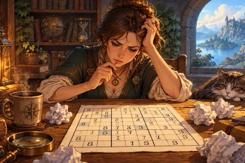 Joueur pensif devant une grille de Sudoku inachevée, illustration d'un article sur les grilles bloquées