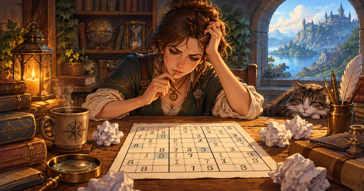 Joueur pensif devant une grille de Sudoku inachevée, illustration d'un article sur les grilles bloquées
