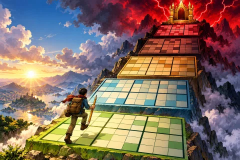 Escalier de cinq grilles de sudoku géantes, de facile à diabolique, gravi par un joueur vers un trône doré