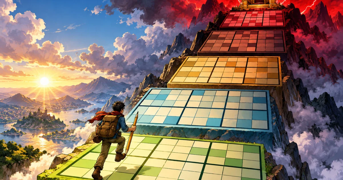 Escalier de cinq grilles de sudoku géantes, de facile à diabolique, gravi par un joueur vers un trône doré